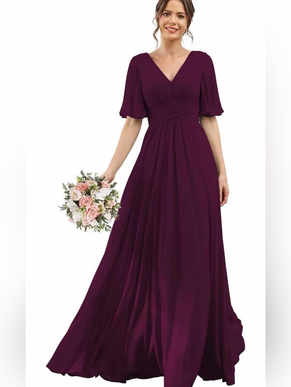 NWOT Elegant Plum V-Neck Maxi Dress with Flutter Sleeves, Size 12
